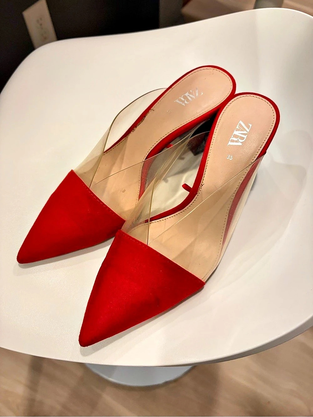 Zara Red and Clear Pointed Toe Mules Red & Clear Pointed Toe Mules